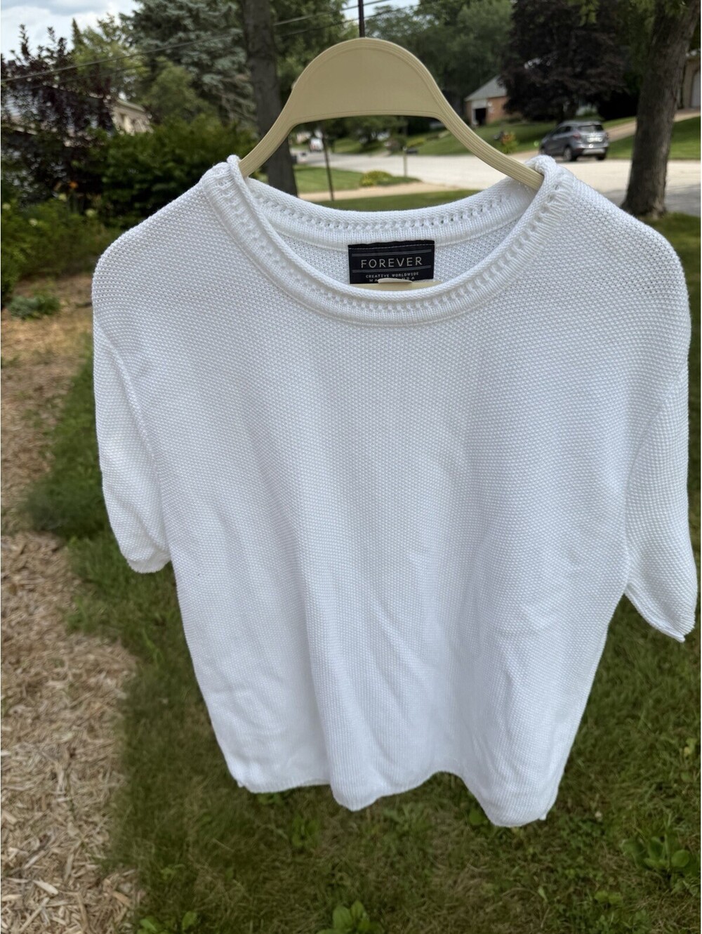 Womens Forever Vintage Cotton Short sleeve White Sweater Minimalist Grandma Core